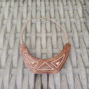 Wooden Bib Necklace W/ Gold Geometric Design Minimalist Tribal 1980s/1990s Brass